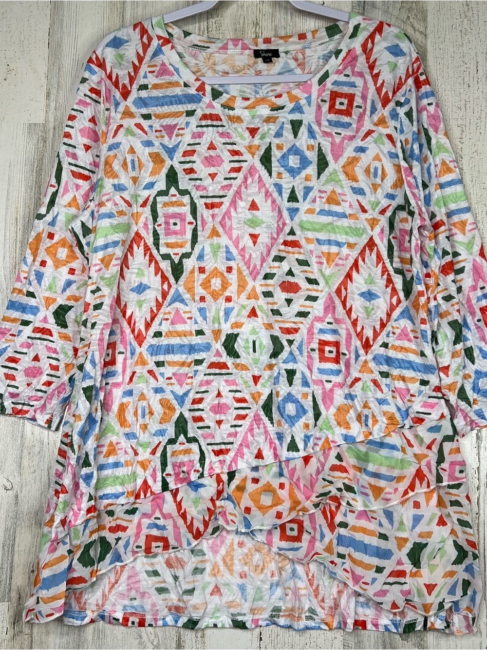 Shana Lagenlook Geometric Tunic Top Womens Large Chiffon Hem Artsy Style Layered
